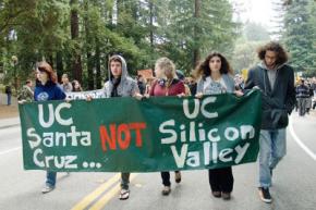Students march toward a blockaded entrance at UC Santa Cruz on March 1